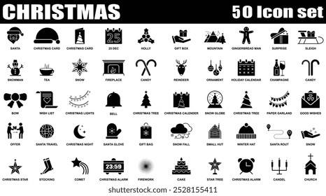 Christmas fill web 50 icons set isolated. Black and White Collection of Xmas icons set. Set of Modern Flat Christmas Icons for Design Projects