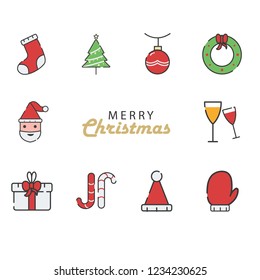 Christmas filled flat icon set style vector illustration on white background