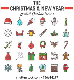 Christmas filled outline icon set, new year symbols collection, vector sketches, logo illustrations, holiday signs colorful line pictograms package isolated on white background, eps 10.