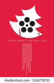 Christmas film festival minimal poster design concept. Unique conceptual idea with Christmas tree and movie reel. Cinema vector illustration.