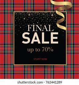  Christmas final sale banner. Red checkered background with golden shine. Banner template for promotions, advertising, web sites. Vector illustration