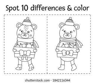 La Navidad encuentra diferencias y juegos de colores para los niños. Actividad educativa en blanco y negro de invierno con oso gracioso. Hoja de cálculo imprimible con carácter sonriente. Página Cuidada de Colores de Año Nuevo para niños
