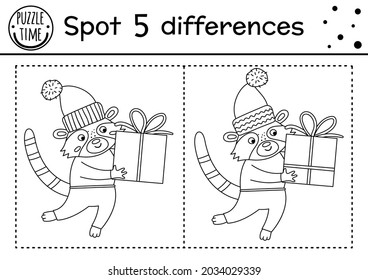 La Navidad encuentra diferencias y juegos de colores para los niños. Actividad educativa en invierno con racco divertido y presente. Hoja de cálculo imprimible para niños. Cuidada página de color de Año Nuevo con animal y caja de regalo
