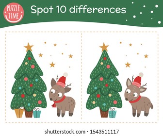 Christmas find differences game for children. Holyday festive preschool activity with little deer and fir tree. New Year puzzle with animal. Cute funny smiling characters.