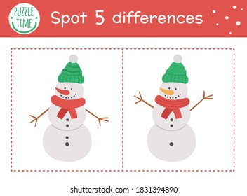 Christmas find differences game for children. Winter educational activity with funny snowman. Printable worksheet with smiling character. Cute New Year puzzle for kids
