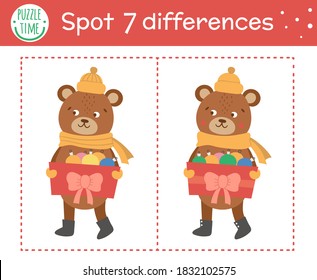 Christmas find differences game for children. Winter educational activity with funny bear with colored balls in box. Printable worksheet with smiling character. Cute New Year puzzle for kids
