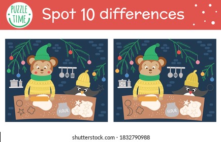 Christmas find differences game for children. Winter educational activity with funny animals backing cookies. Printable worksheet with smiling characters. Cute New Year puzzle for kids
