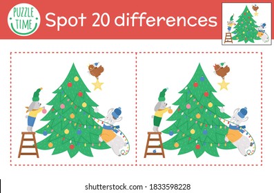 Christmas find differences game for children. Winter educational activity with funny animals decorating fir tree. Printable worksheet with smiling characters. Cute New Year puzzle for kids
