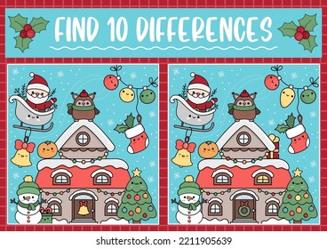 Christmas find differences game for children. Attention skills activity with cute Santa Claus, house, snowman. New Year puzzle for kid with funny characters. Printable what is different workshee