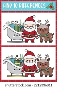 Christmas find differences game for children. Attention skills activity with cute Santa Claus, sledge, deer. New Year puzzle for kids with funny characters. Printable what is different worksheet
