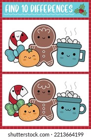 Christmas find differences game for children. Attention skills activity with cute orange, candy cane, gingerbread, cacao mug. New Year puzzle for kids. Printable what is different worksheet
