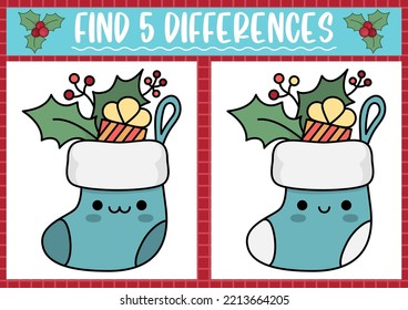 Christmas find differences game for children. Attention skills activity with cute stocking with present. New Year puzzle for kids with funny characters. Printable what is different worksheet
