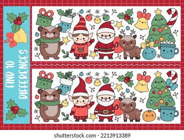 Christmas find differences game for children. Attention skills activity with cute Santa Claus, elf, deer, tree. New Year puzzle for kids with funny characters. Printable what is different worksheet
