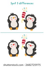 Natal encontrar diferenças jogo para crianças. Férias de inverno atividade educacional com pinguins. Quebra-cabeça bonito para crianças com personagem de Ano Novo. Planilha imprimível, página para lógica, atenção
