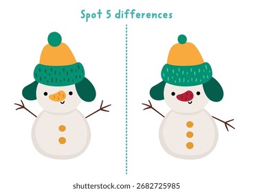 Navidades encuentran diferencias juego para niños. Actividad educativa de vacaciones de invierno con muñeco de nieve. Lindo rompecabezas para niños con divertido personaje de Año Nuevo. Hoja de trabajo imprimible, página para lógica, atención
