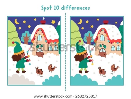 Christmas find differences game for children. Winter holiday educational activity with elf decorating house with lights. Cute puzzle for kids with New Year character. Printable worksheet, page
