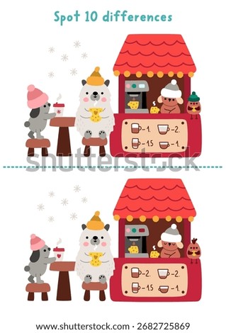 Christmas find differences game for children. Winter holiday educational activity with coffee shop stall, elf, selling pastry. Cute puzzle for kids with New Year character. Printable worksheet, page
