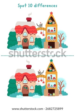 Christmas find differences game for children. Winter holiday educational activity with toy factory. Cute puzzle for kids with funny New Year or Santa Claus house. Printable worksheet, page
