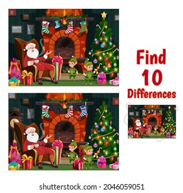 La Navidad encuentra diez diferencias de juego con Santa y los elfs. Niños buscando y comparando detalles de la actividad de juego. Papá Noel sentado en la sala, elfos con regalos cerca del vector del árbol de Navidad