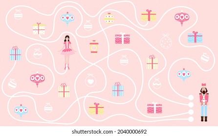 Christmas find way game for kids with nutcracker character and ballerina, xmas decoration balls, gift boxes, printable worksheet for children activity book for winter holidays