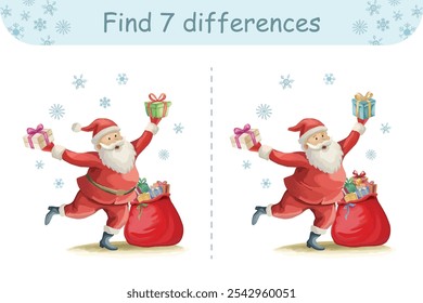 Christmas find-the-difference game for kids featuring Santa Claus with a red bag of presents, a fun holiday activity for preschoolers.