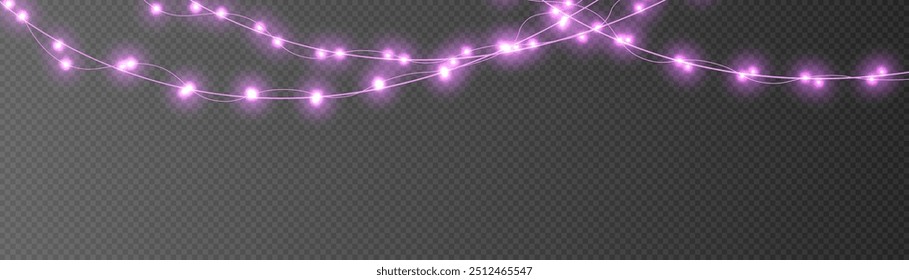 Christmas fiolet garlands, dust, sparkle, and a star. Decorative element for greeting cards, invitations, backgrounds, business cards. Winter collection Christmas background. Light glow sparkl.