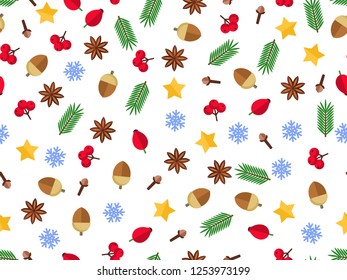 Christmas fir background, realistic look, with berries, star and pearl decorations
