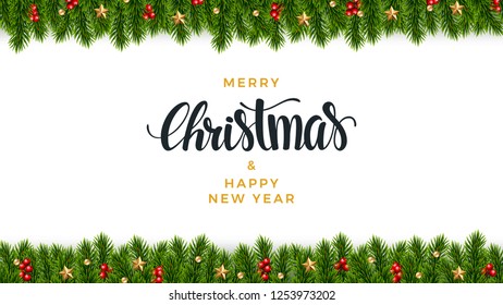 Christmas fir background, realistic look, with berries, star and pearl decorations