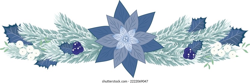 Christmas fir border with blue poinsettia, blue berries and mistletoe. Christmas garland in blue. Vector illustration.