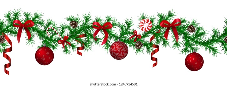Christmas fir border with hanging garland, fir branches, red and silver baubles, pine cones and other ornaments