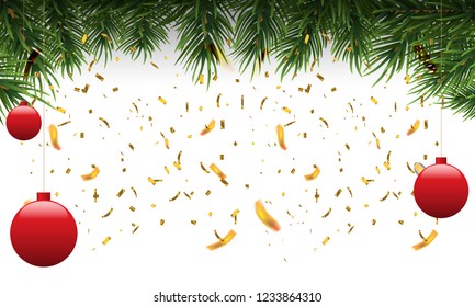 Christmas fir border with fir leaf and golden confetti. Vector Illustration.