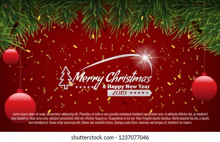 Christmas fir border with fir leaf and golden confetti. Vector Illustration.