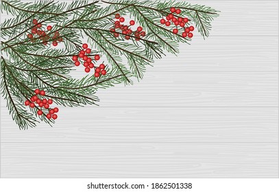 Christmas fir branch with berries on a light wooden background with copy space, simple flat vector illustration