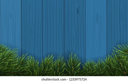Christmas with fir branch border frame on bottom of blue wooden background. Vector illustration for greeting card.