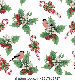 Ramo de abeto de Natal, bullfinch e cana de doces padrão sem costura. Papel de parede de férias de inverno.