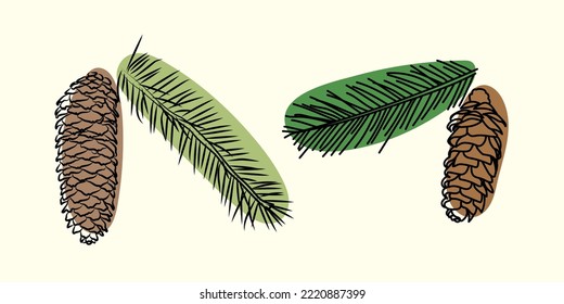 Christmas fir branch and cone, evergreen tree, spruce, cedar branch vector icon, winter plants, New Year tree, holiday decoration. Hand-drawn illustration