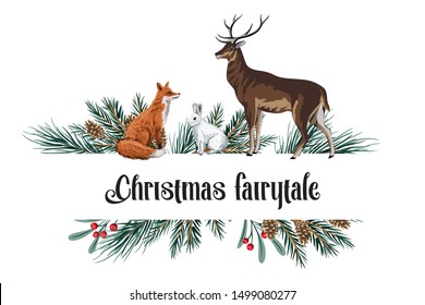 Christmas fir branch, cone, fox, rabbit, deer wild animal greeting card. Winter frame illustration.