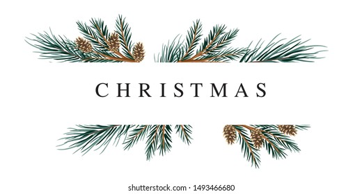 Christmas fir branch, cone  greeting card. Winter frame illustration.