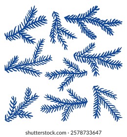 Christmas fir branch, evergreen tree, fir, cedar twig, vector icon, winter plants, New Year tree, festive decoration. Artificial blue branches. Insulated decor for decoration. Hand-drawn illustration