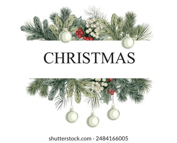 Christmas fir branch, mistletoe and balls greeting card. Winter banner.	