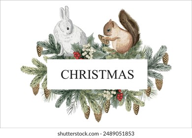 Christmas fir branch, mistletoe, cone with rabbit and squirrel animal greeting card. Winter banner.	