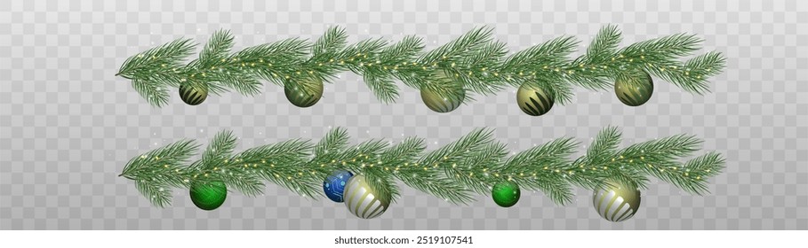 Christmas fir branches with bright lights of festive garlands and Christmas tree toys. New Year and Christmas design on a transparent background. Vector