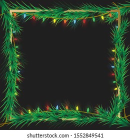Christmas fir branches frame background design with colorful Christmas tree light.  Use for placing product, writing message, greeting card banner. Vector illustrator.