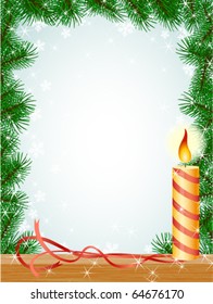 christmas fir branches frame candle ribbon