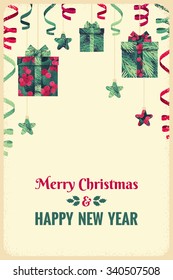 Christmas fir branches, holly leaves and berries gift boxes with ribbons and bows. Retro vector illustration with stars, green, red paper streamers. Invitation, card, poster, flyer, gift certificate 