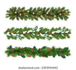 Christmas fir branches, isolated vector green pine tree garlands or borders with realistic needles decorated with golden stars, snow, pine cones and holly berry leaves. Xmas festive conifer decor