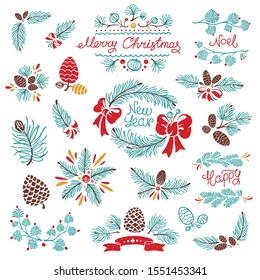 Christmas Fir Branches and Pine Cone Ornaments. Vector Drawings with Snowy Texture