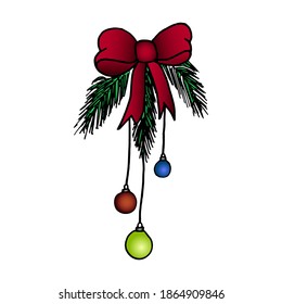 Christmas fir branches with a red bow and Christmas balls on a white background. Winter and holiday symbol. Vector hand-drawn illustration in doodle style.