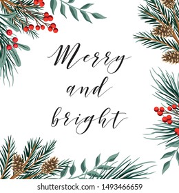 Christmas fir branch,mistletoe, cone  greeting card. Winter frame illustration.