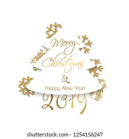 Christmas fir cut out of paper in the vector. Congratulations on Christmas and New Year 2019. Christmas tree